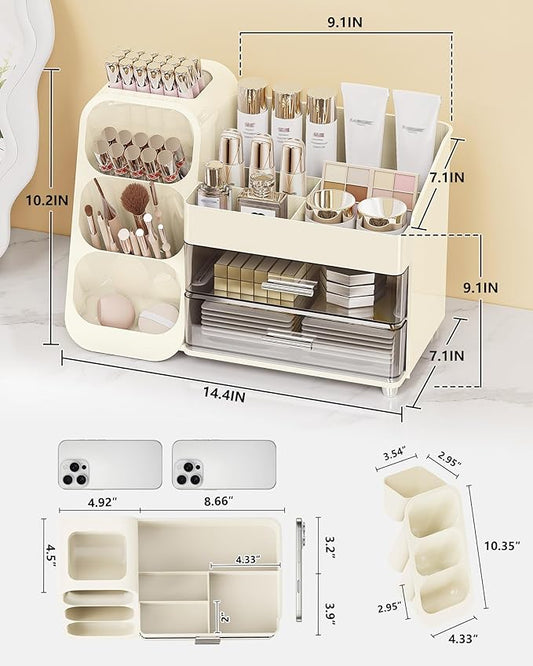 Anylady Makeup Organizer with Drawers, Skincare Organizer (Large Size Thick), Storage Box Cosmetic Display Cases, Make up Organizers for Vanity, Dresser, Desk, Kitchen, Countertop (cream)