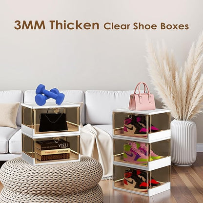 Thicken & Sturdy Clear Shoe Boxes with Magnetic Door, 3 Pack Stackable Multi-functional Shoe Storage, Shoe Organizer for Closet, Space Saving, 360 ° Dustproof & Moisture-proof, Fits Up to US Size 13
