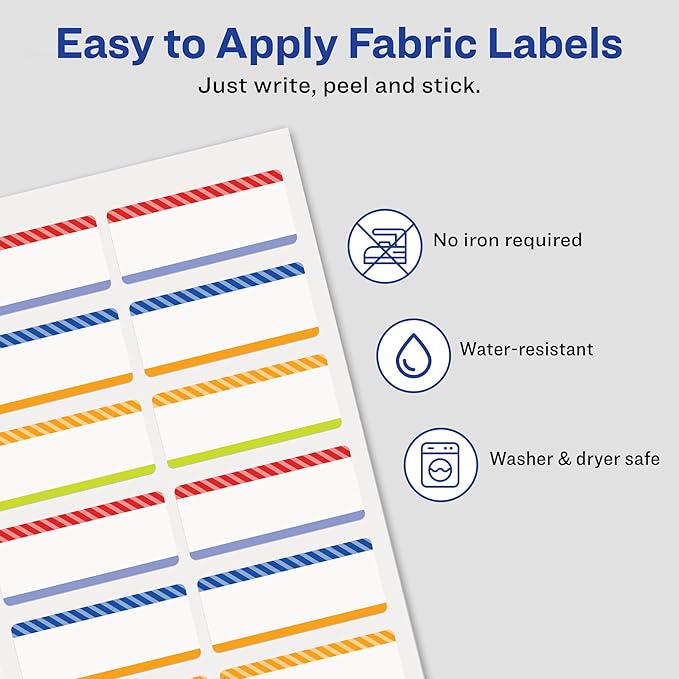 Avery No-Iron Fabric Name Labels, Playful Stripes Preprinted Designs, Handwrite-Only, 2-Pack, 48 Preprinted Labels (21959)