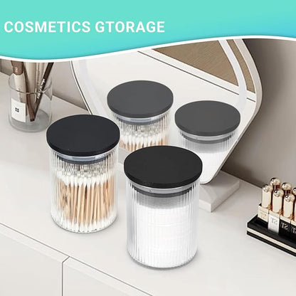 BKYFPQ 4 Pack Glass Qtip Holder Dispenser Set - Apothecary Jars with Lids for Vanity Makeup Organizer - Bathroom Canister Storage Organizer for Cotton Ball, Swab, Round Pads,Floss