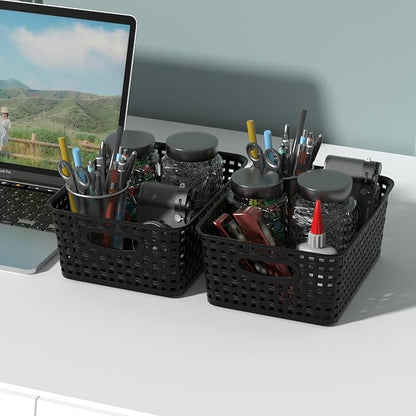 Plastic Shelf Storage Baskets, Plastic Pantry Weave Basket, Black, 12 Packs