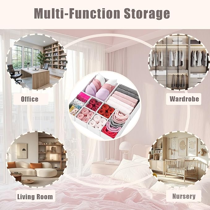 Mooisco 8 Pack Drawer Organizer Clothes, Fabric Closet Organizers and Storage, Foldable Cloth Storage Bins for Underwear Socks, Bra, Ties, Scarf, Belt, Hair Accessories, White