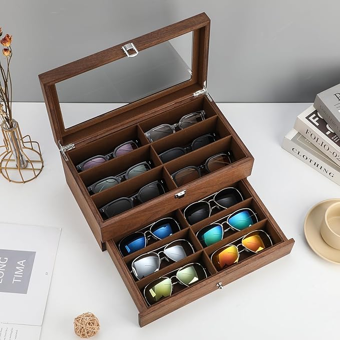 BAOJULONG Wooden Sunglasses Organizer Box, Eyewear Display Eyeglass Case, Glasses Storage Box Sunglass Holder Gifts