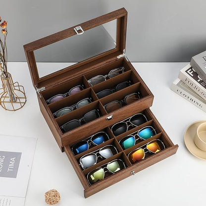 BAOJULONG Wooden Sunglasses Organizer Box, Eyewear Display Eyeglass Case, Glasses Storage Box Sunglass Holder Gifts