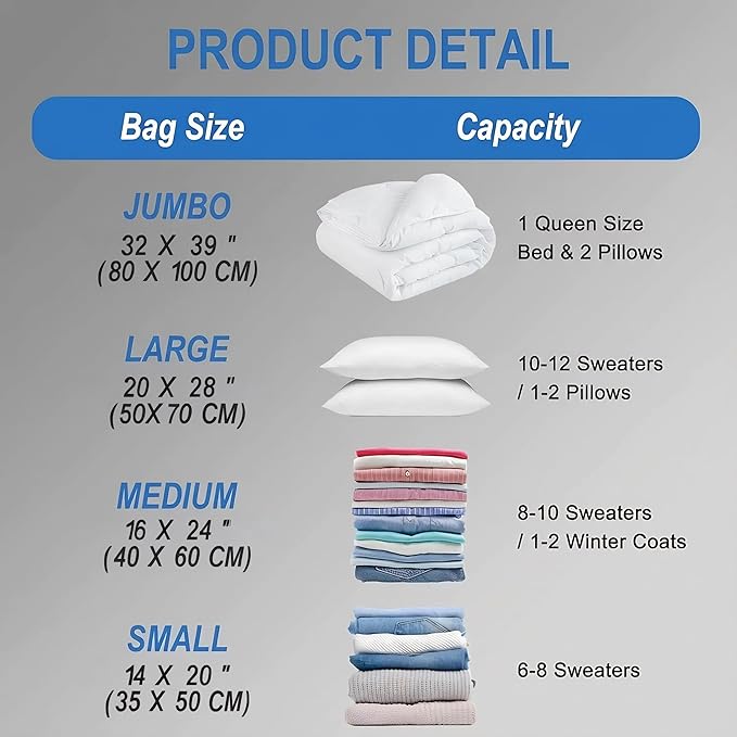 10 Pack Vacuum Storage Bags with Hand Pump, 1 Jumbo + 3 Large + 3 Medium + 3 Small Plastic Packaging Bags, 80% Space Saver Sealer Compression Bags for Clothing, Travel Lugggage, Blankets, Comforters