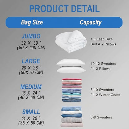 10 Pack Vacuum Storage Bags with Hand Pump, 1 Jumbo + 3 Large + 3 Medium + 3 Small Plastic Packaging Bags, 80% Space Saver Sealer Compression Bags for Clothing, Travel Lugggage, Blankets, Comforters