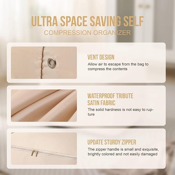 SINKZAICO Ultra Space Saving Self Compression Organizer,Packing Cubes,Waterproof And Moisture-Proof,High Capacity,For Blankets Clothes Duvet Comforter（Oatmeal 21.2 * 16.2 * 11.8 In）