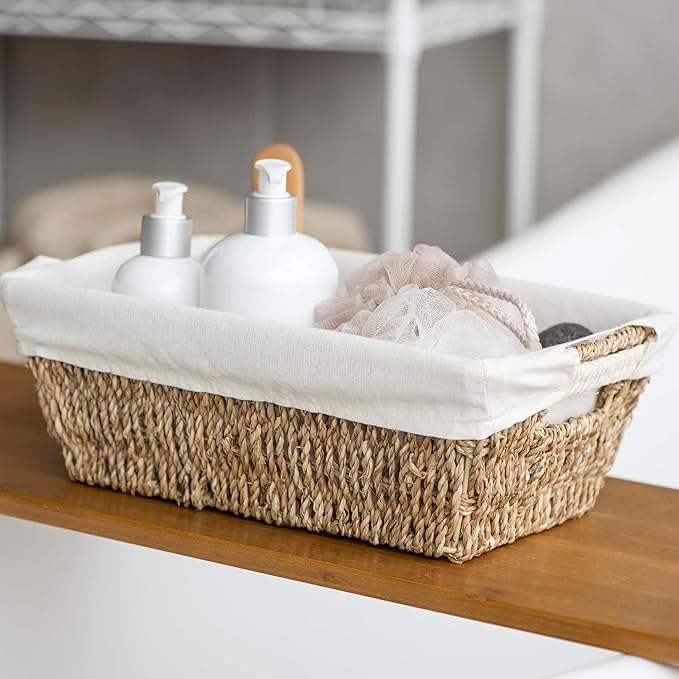 JS HANGER Wicker Storage Basket with Washable Liners, Metal Frame, Set of 2, 12.6"L x 8.7"W x 4.3"H, Seagrass Woven Basket for Pantry, Toilet, Bathroom, Bedroom, Patio, Natrual