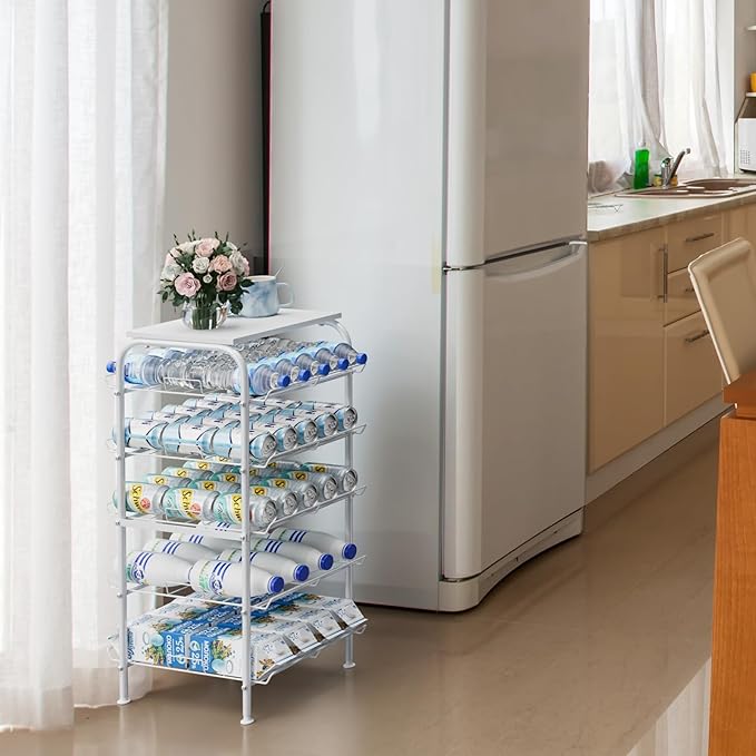 Vrisa 5 Tier Water Bottle Storage Rack Vertical Freestanding Bottled Water Organizer Large Capacity Beverage Drink Soda Can Holder Stand for Kitchen Pantry Home Party Food Storage, White