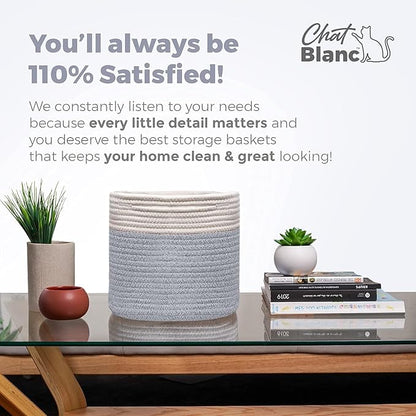 CHAT BLANC Cotton Rope Baskets for Organizing | Storage Baskets for Shelves | Rope Basket for Storage, Small Laundry Baskets, Woven Baskets for Storage, Dog Toy Bin, Baby Basket,Off White &Gray 3 Pack