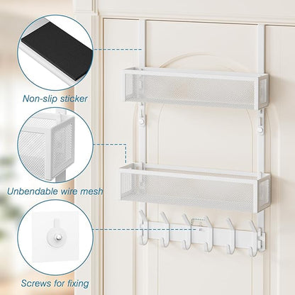 Aimeaihe Over The Door Hooks Organizer, Over Door Storage with 12 Coat Hooks and 2 Mesh Basket, Bathroom Door Organizer Towel Rack Back of Door Hanger Organizer for Bedroom, Kitchen(White)