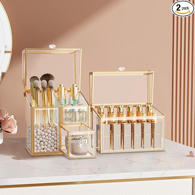 CoralHouse Glass Makeup Organizer Set – Vanity Organizer with 18-Slot Lipstick Organizer & Makeup Brush Holder with Lid – Skincare, Perfume & Cosmetic Storage for Bathroom or Dresser