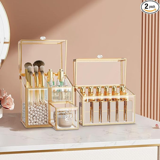 CoralHouse Glass Makeup Organizer Set – Vanity Organizer with 18-Slot Lipstick Organizer & Makeup Brush Holder with Lid – Skincare, Perfume & Cosmetic Storage for Bathroom or Dresser