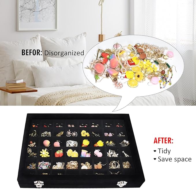 Velvet Jewelry Tray 48 Compartments Jewelry Display Organizer with Transparent Cover Rings, Earrings, Necklaces, Pendants Storage Box for Girls, Wives, Mothers, Women