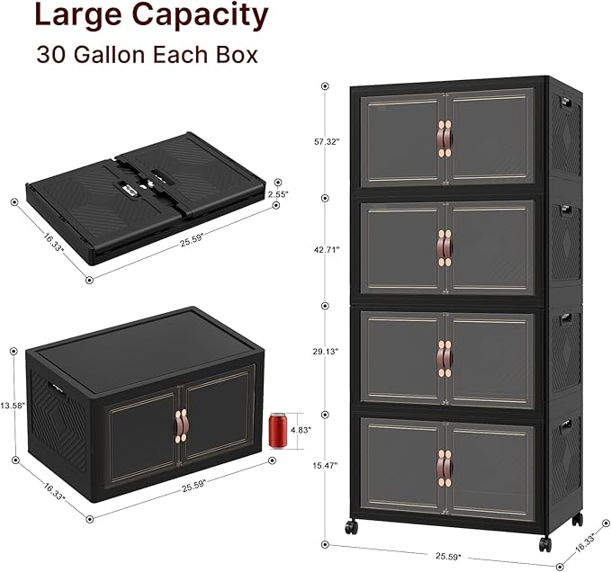 Extra Large Stackable Storage Bins, Lockable Storage Bins with Lids, Folding Storage box with Doors and Wheels, Collapsible Plastic Drawers for Home, Garage, Office (4, Black, Large)