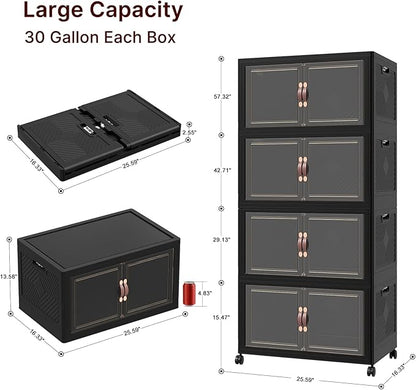 Extra Large Stackable Storage Bins, Lockable Storage Bins with Lids, Folding Storage box with Doors and Wheels, Collapsible Plastic Drawers for Home, Garage, Office (4, Black, Large)