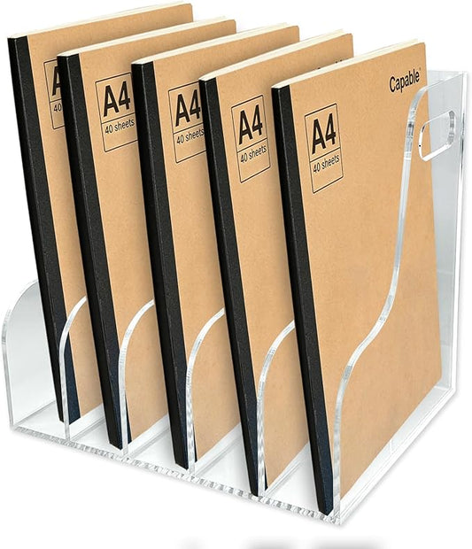 5-Tier Clear Acrylic File Holder, Vertical Document Organizer for Magazines, Binders, Notebooks & Envelopes - Multi-Purpose Desk Storage for Home Office（A4,5 Sections）