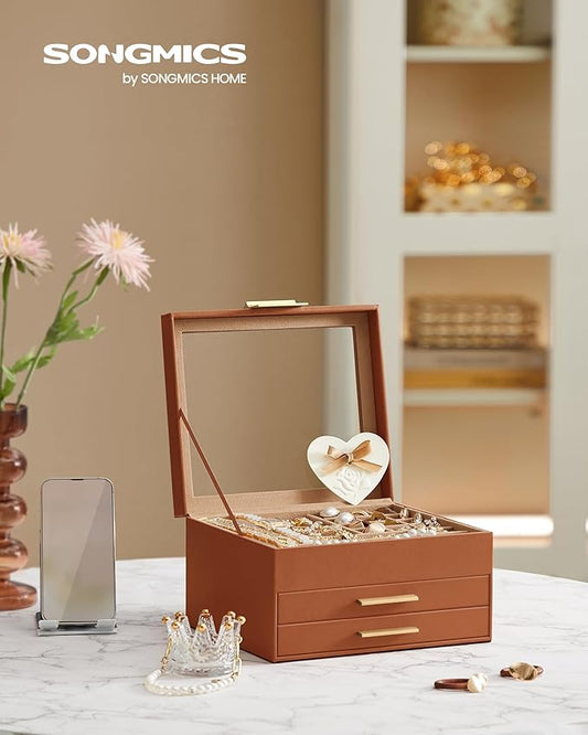 SONGMICS Jewelry Box Organizer with Glass Lid, 3-Layer Jewelry Storage, with 2 Drawers, Modern Style, 8 x 9.1 x 5.3 Inches, Caramel Brown and Gold Color UJBC239K01