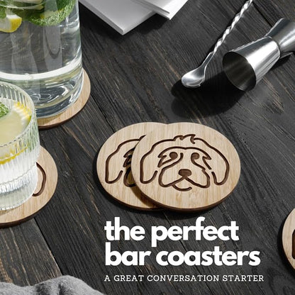 Set of 6 Bamboo Laser-Engraved Fun Dog Coasters with Iron Holder - Gift Packaging 3.9 Inch Non-Stick Absorbent Durable and Unbreakable Wooden Cup Coasters for Dog Lovers (Doodle)