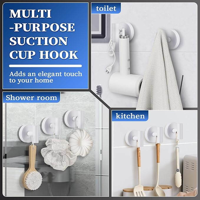 warlve Heavy Duty Reusable Suction Cup Hooks for Shower - No Drill Bathroom/Glass/Mirror/Tiles & Metal Surfaces,and Smooth Non-Porous Surfaces for Towels, Robes, Loofahs (4, White)