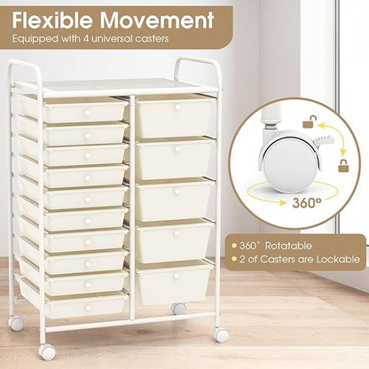 DORTALA 15-Drawer Rolling Storage Cart with Drawers, Rolling Utility Cart w/Removable Drawers & Universal Wheels, Tools Scrapbook Paper Organizer for School, Office, Home, Classroom (Ivory)