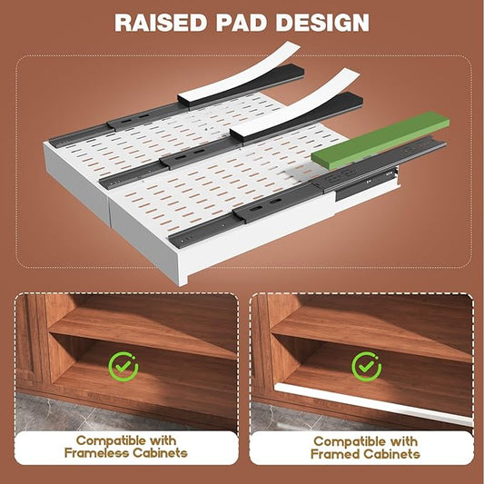 2 Pack Pull Out Cabinet Organizer Expandable Width(13"-21") and Depth(17"-24"), Slide Out Drawers With Raising Pad for Framed Cabinets, No Drill Roll Out Shelves for kitchen, Bathroom, White