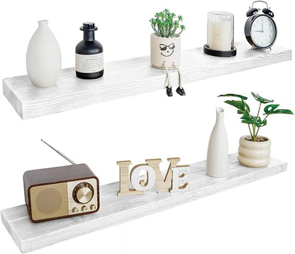 BGMG Wood Floating Shelves for Wall 54 inch Set of 2,White Floating Shelves,Solid Wood Wall Mount Shelves for Bathroom Living Room Bedroom Kitchen Farmhouse -54x 6.7 x1.75 inch