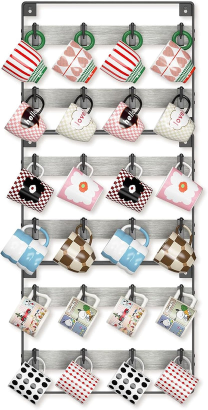 EsLuker.ly Mug Holder Hanger Rack Wall Mounted Wooden 3 Pack Coffee Cup Storage Organizer Display Shelf with 24 Removable Plastic Hooks, Ideal for Mug Collectors, Light Grey-Black