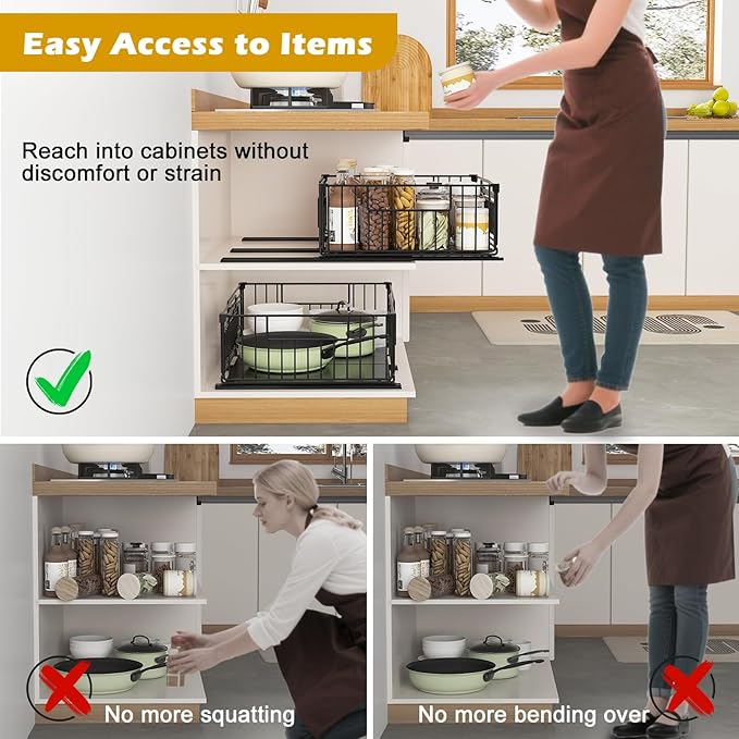 REALINN 2 Pack Pull Out Cabinet Organizer, Expandable(12"-20") Slide Out Drawers 3 Slide Rails Fix with Adhesive or Screw, Roll Out Shelves for Kitchen Cabinet Organization, Black, 6.75in height
