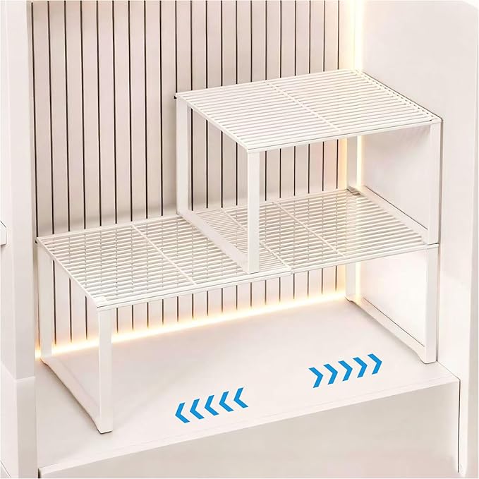 HGZBS Extendable Metal Wire Shelf Organizer - Adjustable 15-24.4in Length, Stackable Storage Rack for Kitchen/Pantry/Bathroom/Shoe Cabinet/Tool Closet (2, White)