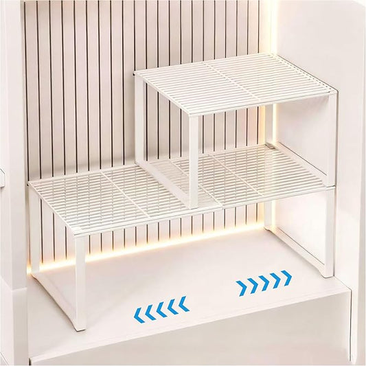 HGZBS Extendable Metal Wire Shelf Organizer - Adjustable 15-24.4in Length, Stackable Storage Rack for Kitchen/Pantry/Bathroom/Shoe Cabinet/Tool Closet (2, White)