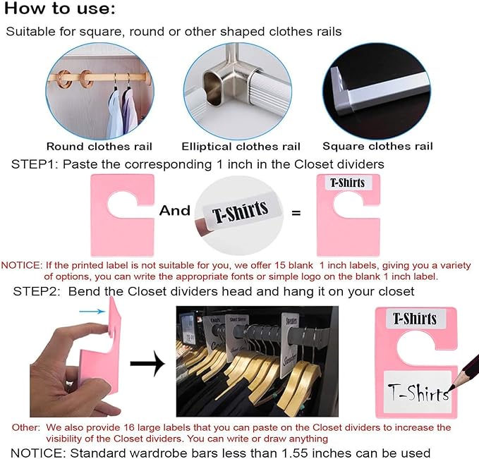 32 Pack White Clothing Rack Size Dividers Plus 75 Labels (1 Inch) and 30 Large Blank Labels, Large Rectangular Clothing Closet Dividers (Pink)