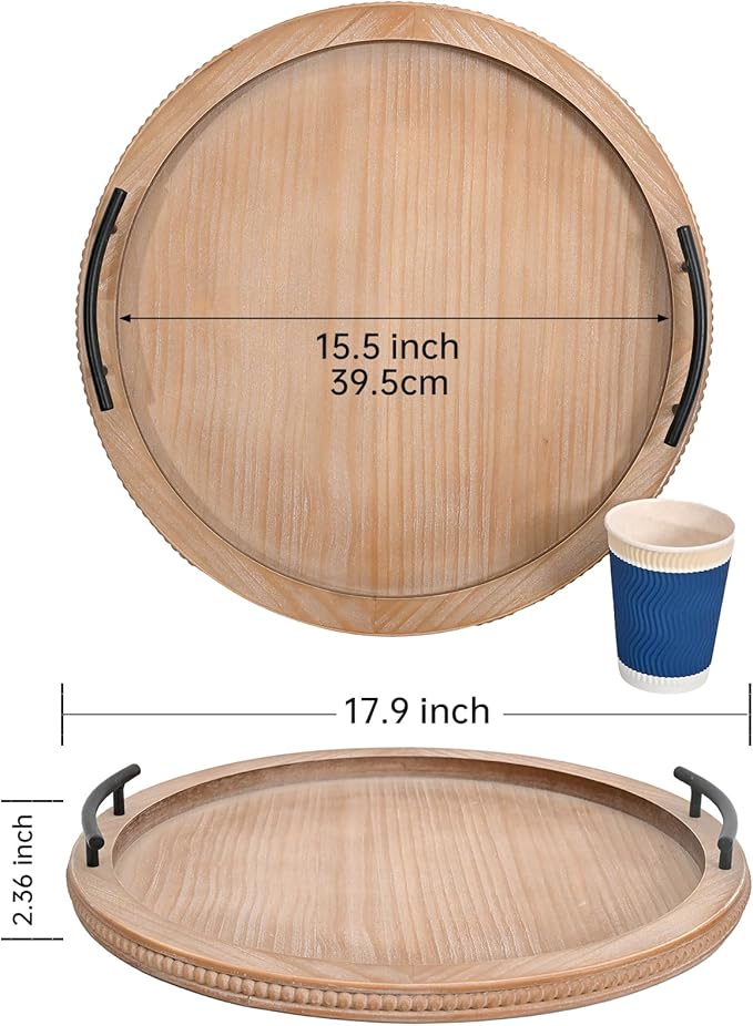 SwallowLiving 18Inch Brown Wooden Beaded Serving Tray with Handle Decorative Rustic Tray for Coffee Table Farmhouse Round Trays for Kitchen, Living Room and Bedroom