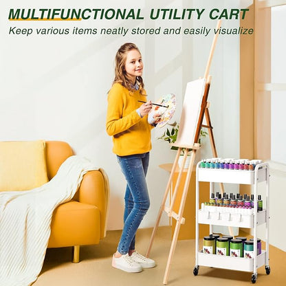 LEHOM 3 Tier Rolling Storage Cart, Metal Trolley Utility Cart with Wheels & Hooks, Easy Assembly Organizer Storage Cart for Bathroom Kitchen Office Bedroom