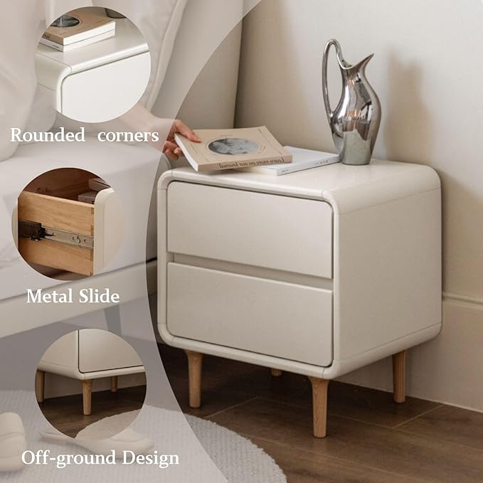 Vadisun White Solid Wood Nightstand with 2 Drawers, Mid Century Modern Night Stand, Small Nightstand, Wooden Nightstands, Small Bedside Table for Bedroom(17.72" W x 13.78" D x 18.50" H)