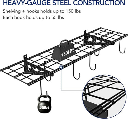 FLEXIMOUNTS Garage Wall Shelving, 1x4 ft, Includes 6 Bike Hooks, Wall Shelf Garage Organization System w/Bike Hangers, Storage Rack, Floating Shelves, 150 lbs Weight Capacity (1 Pack), Classic Series