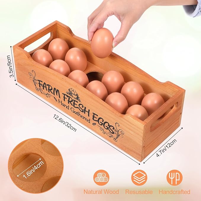 2 Pieces Wooden Egg Holder Countertop, Stackable 12 Capacity Farmhouse Rustic Pinewood Egg Storage Display Rack Basket with Handle, Eggs Organizer Stand Box with “Farm Fresh Eggs” Print