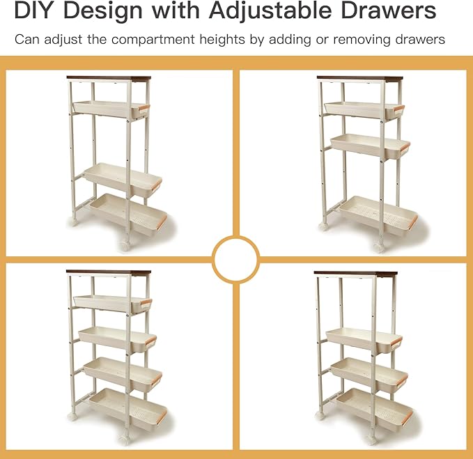 5 Tier Slim Rolling Storage Cart with Wood Top, Narrow Laundry Room Organizer for Tight Gaps, Metal Bathroom Gap Filler, Kitchen Pantry Trolley, Small Spaces (White)