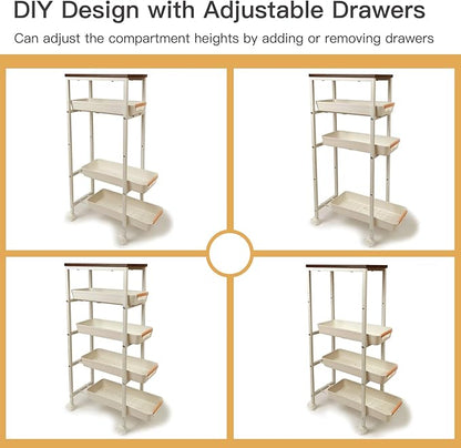 5 Tier Slim Rolling Storage Cart with Wood Top, Narrow Laundry Room Organizer for Tight Gaps, Metal Bathroom Gap Filler, Kitchen Pantry Trolley, Small Spaces (White)