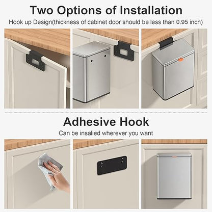 Mbillion Kitchen Compost Bin Hanging Trash Can with Lid 2.1 Gallon Stainless Steel Garbage Can for Kitchen Cabinet Door Mounted Trash Can Under Sink Door RV Bathroom,Silver