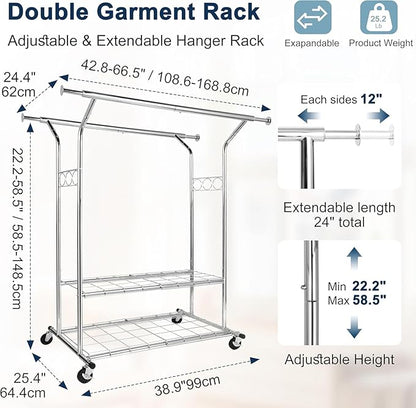 Whitmor Heavy Duty Clothing Rack: Adjustable & Extendable Rolling Garment Rack with Lockable Wheels, Double Rod Clothing Racks with 2 Bottom Shelves, Max Load 500LBS for Hanging Clothes, Chrome