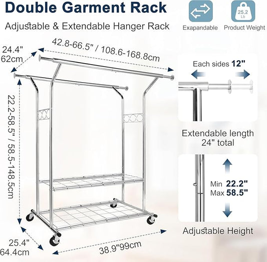 Whitmor Heavy Duty Clothing Rack: Adjustable & Extendable Rolling Garment Rack with Lockable Wheels, Double Rod Clothing Racks with 2 Bottom Shelves, Max Load 500LBS for Hanging Clothes, Chrome