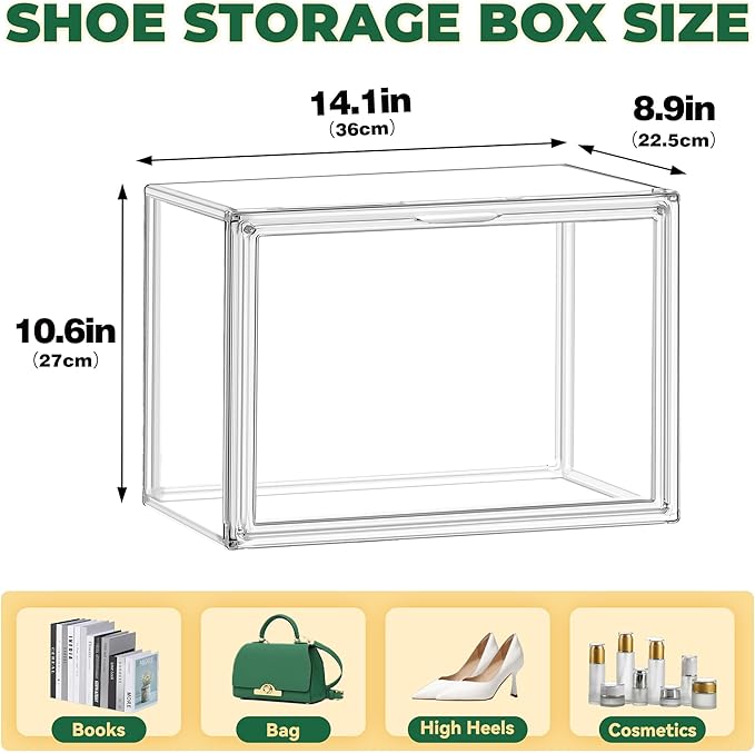 EZJOB 6 Pack Shoe Storage Boxes Clear Plastic Stackable X-Large Containers Sneaker Storage Display Case Zapateras Organizer with Magnetic Door, Easy Assembly,Fit up to US Size 14