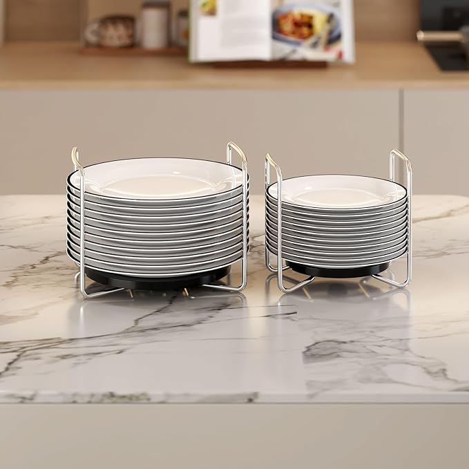Adjustable Dish Rack for Kitchen Counter - Bamboo Plate Holder Organizer for Cabinet Wooden Bowl Organizer Stainless Steel Plate Stand Storage for Kitchen Drawer Countertop Cupboard Shelf RV