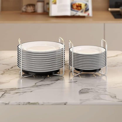 Adjustable Dish Rack for Kitchen Counter - Bamboo Plate Holder Organizer for Cabinet Wooden Bowl Organizer Stainless Steel Plate Stand Storage for Kitchen Drawer Countertop Cupboard Shelf RV