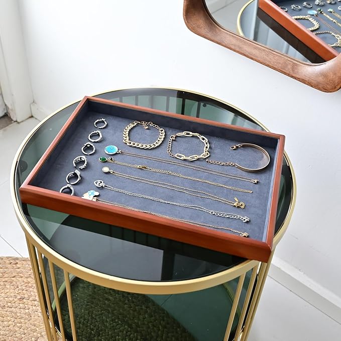 Elegant Wood Flat Jewelry Tray – 14"x9.5" Velvet Lined Display Organizer for Rings, Bracelets, Necklaces – Classic Wooden Storage for Vanity, Dresser, Countertop, Black&Brown