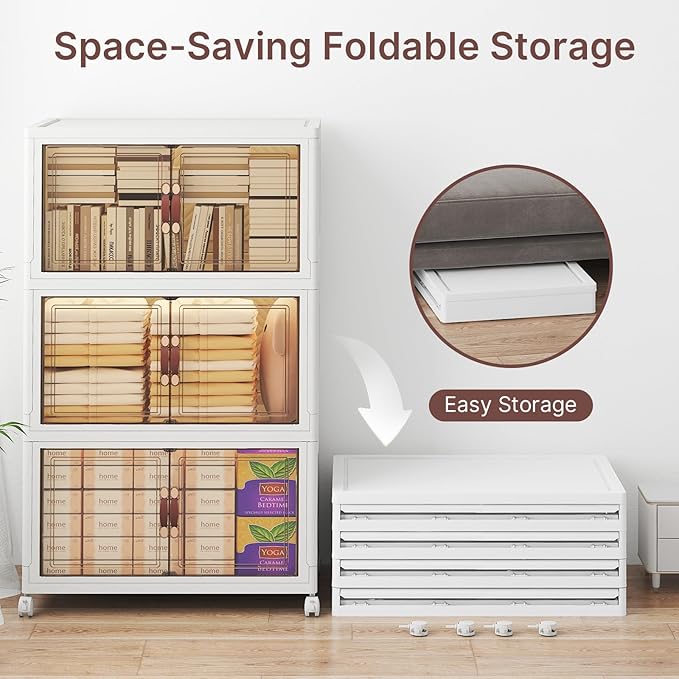 Extra Large Stackable Storage Bins, Lockable Storage Bins with Lids, Folding Storage box with Doors and Wheels, Collapsible Plastic Drawers for Home, Garage, Office (3, White, Large)