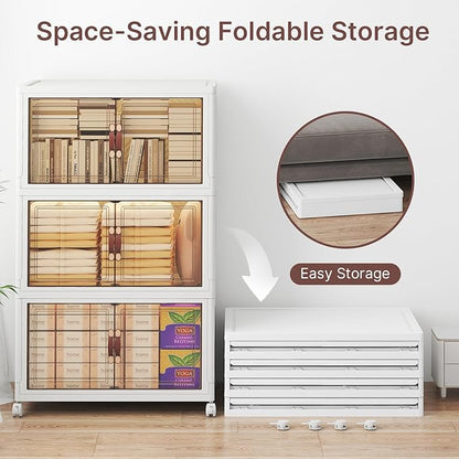 Extra Large Stackable Storage Bins, Lockable Storage Bins with Lids, Folding Storage box with Doors and Wheels, Collapsible Plastic Drawers for Home, Garage, Office (3, White, Large)