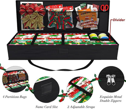 Safana 2 Pack Wrapping Paper Organizer Storage Bag, 42" Durable 600d Oxford Wrapping Organizer Box Under Bed Containers for Decorations Paper Rolls, Ribbons, Bows (Golden Deer)