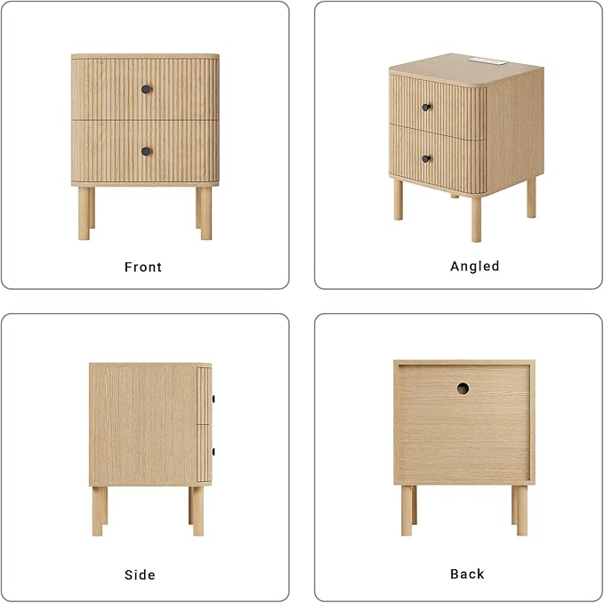 FavourLife Night Stand Set of 2 with Charging Station, 18" Fluted Nightstand with Rounded Corners & Solid Wood Legs, 2 Drawers End Table, Mid Century Modern Bedside Table for Bedroom, Natural Oak